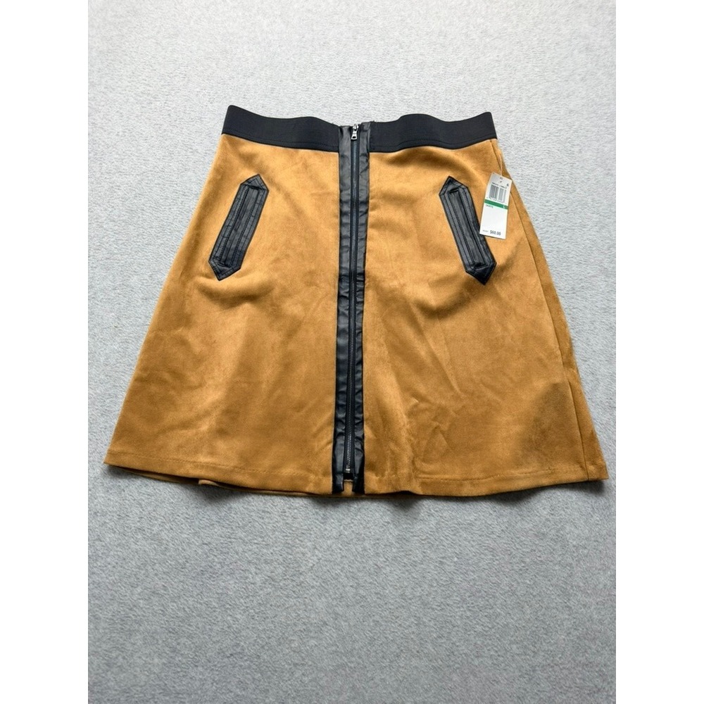 ECI Womens Tan Faux Suede A-Line Mini Skirt Faux Leather Trim Front Zip L NEW